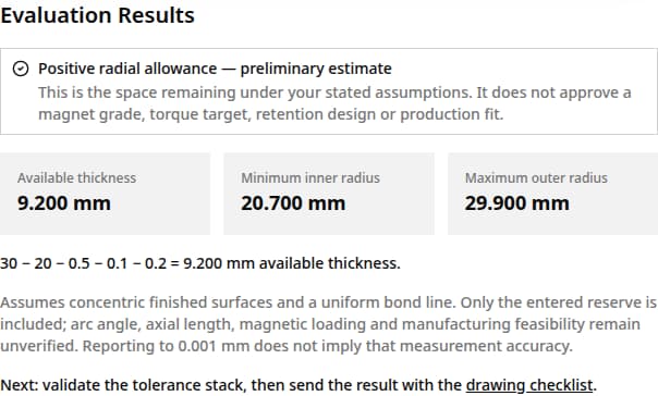 Stator arc fitment checker result: 9.200 mm available thickness, 20.700 mm inner radius and 29.900 mm outer radius